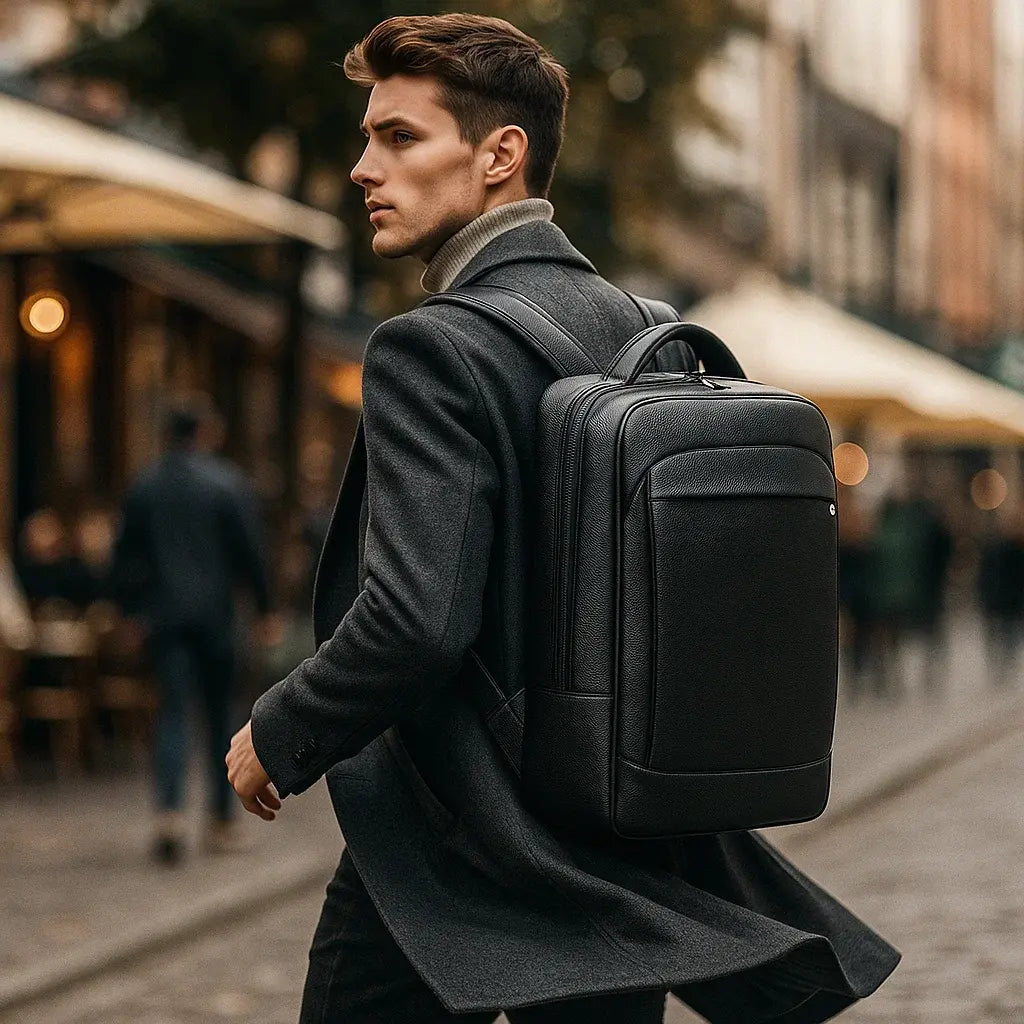 Jeune homme élégant portant un sac à dos en cuir noir dans une rue urbaine animée