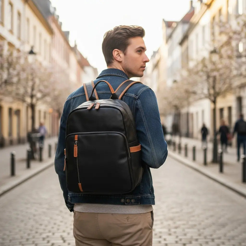 Homme portant un sac à dos en cuir noir dans une rue citadine, style moderne et élégant.