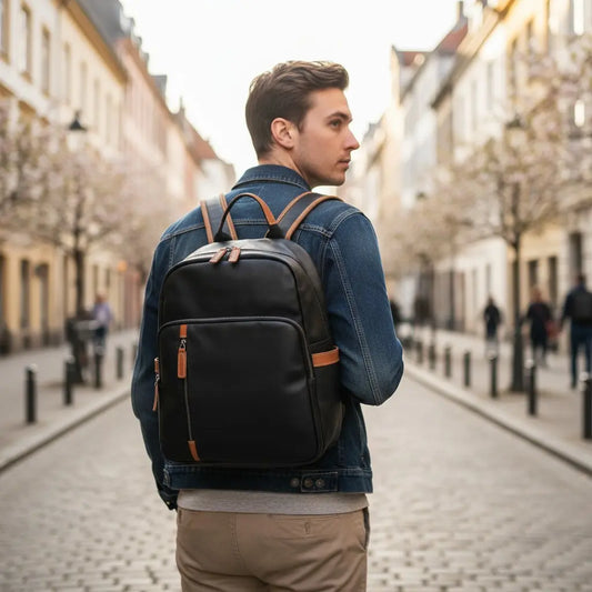 Homme portant un sac à dos en cuir noir dans une rue citadine, style moderne et élégant.
