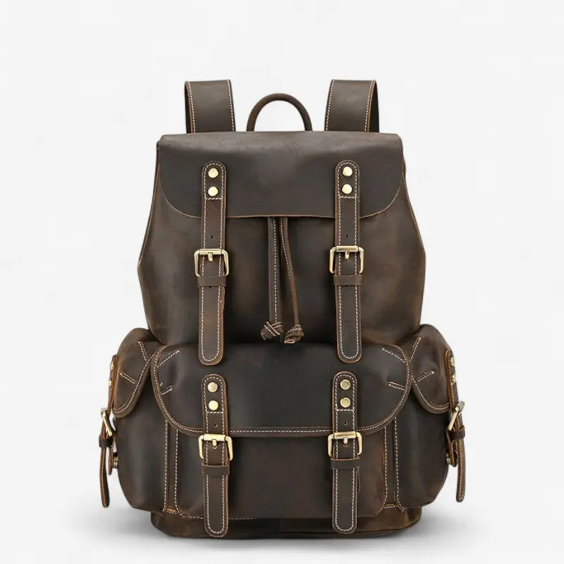 Sac à dos homme en cuir véritable marron foncé avec poches avant