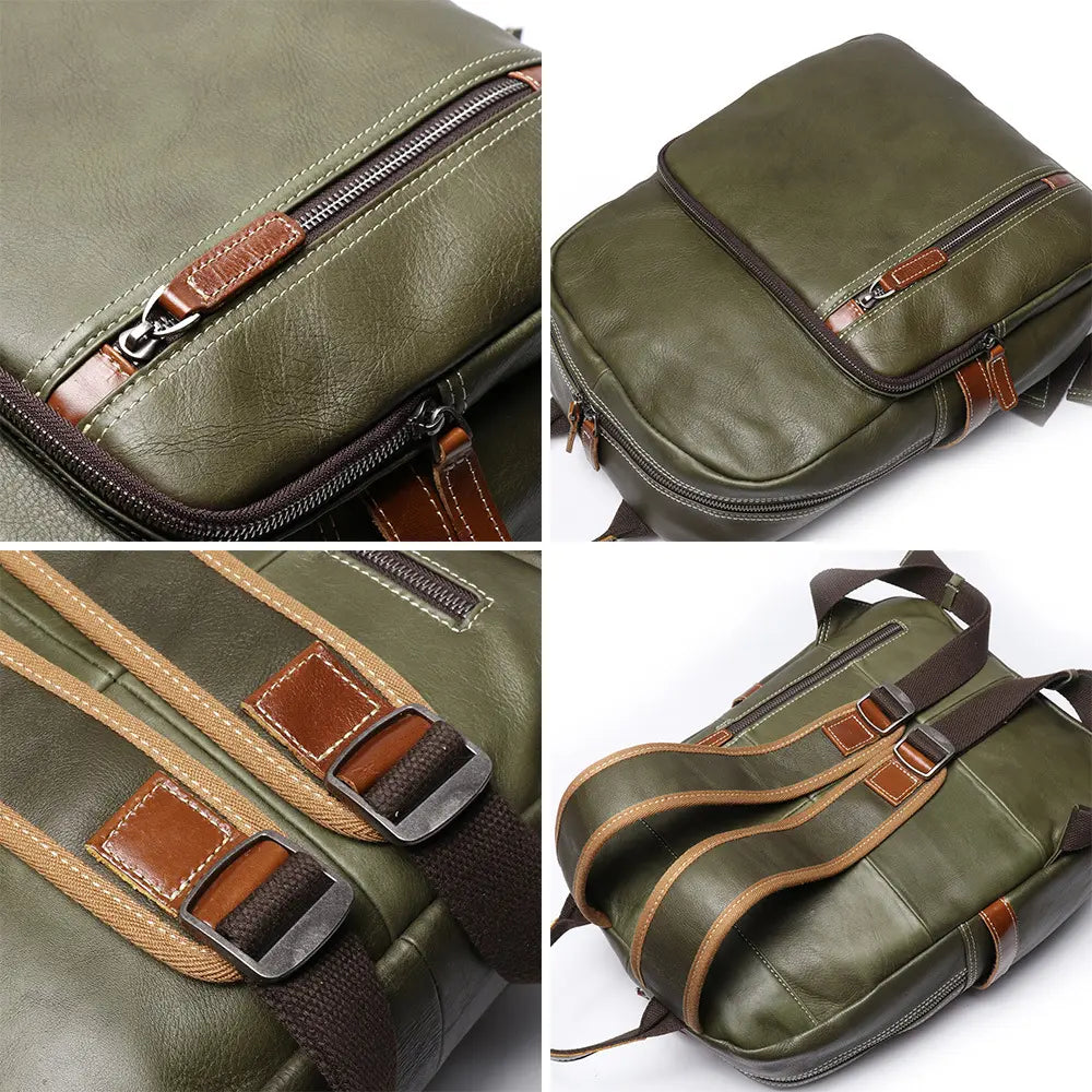 Détails des fermetures et bretelles du sac à dos en cuir vert avec finitions marron contrastées.