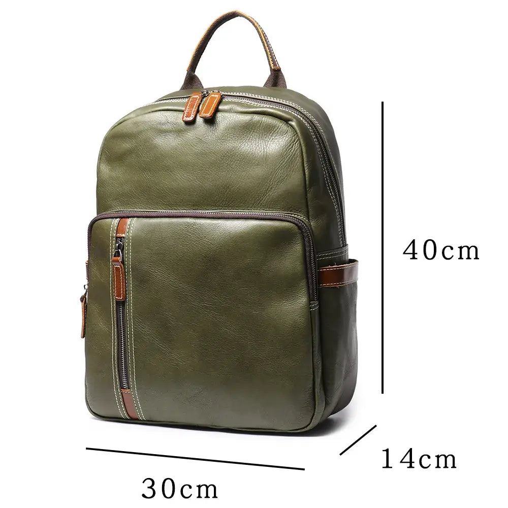 Sac à dos en cuir vert avec indication des dimensions 40 × 30 × 14 cm.