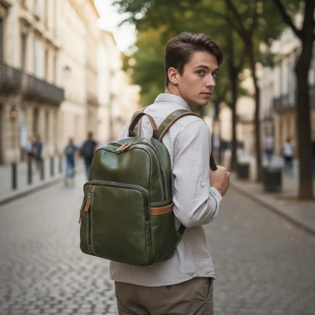 Homme portant un sac à dos en cuir vert dans une rue pavée, look urbain et vintage.
