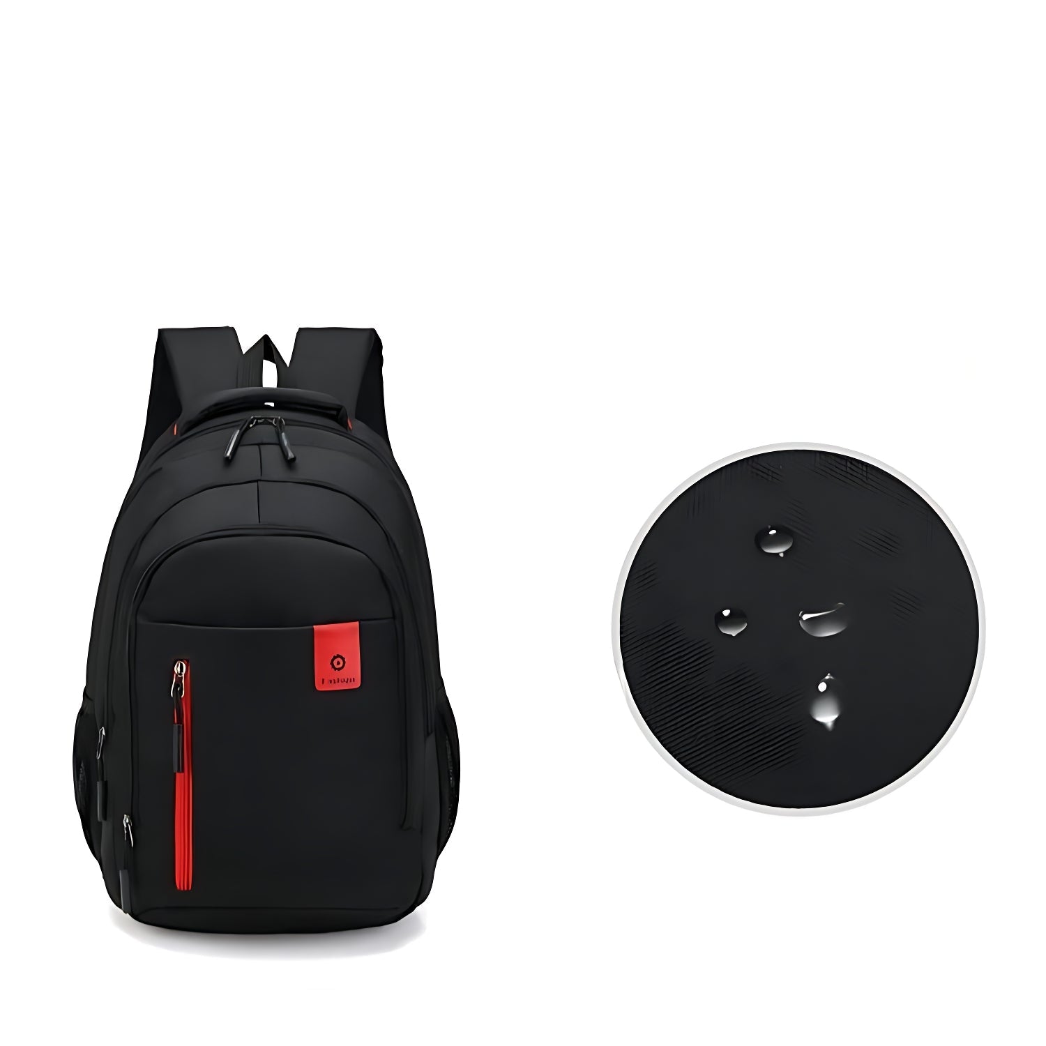 Vue avant du sac à dos homme noir avec finitions rouges et accessoires.