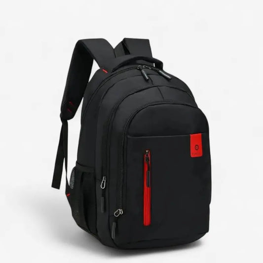 Sac à dos homme noir avec finitions rouges, grande capacité et multiples compartiments.