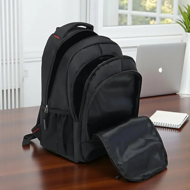 Sac à dos homme noir grande capacité avec compartiment principal ouvert.