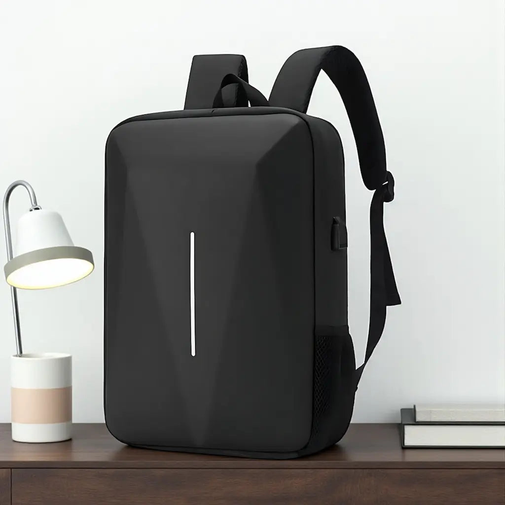 Sac à dos homme ordinateur 15,6 pouces noir vu de trois-quarts avec design structuré