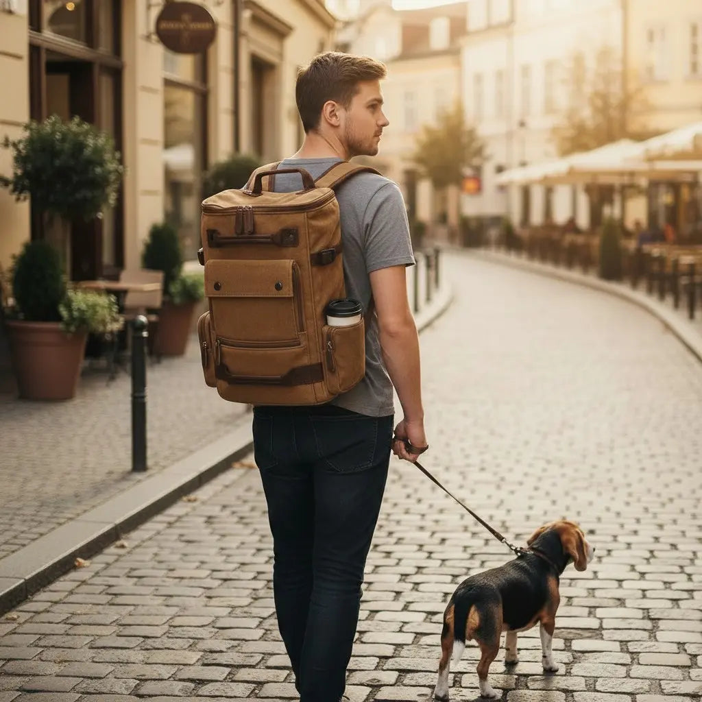 Homme portant un sac à dos vintage en toile grande capacité dans une rue urbaine