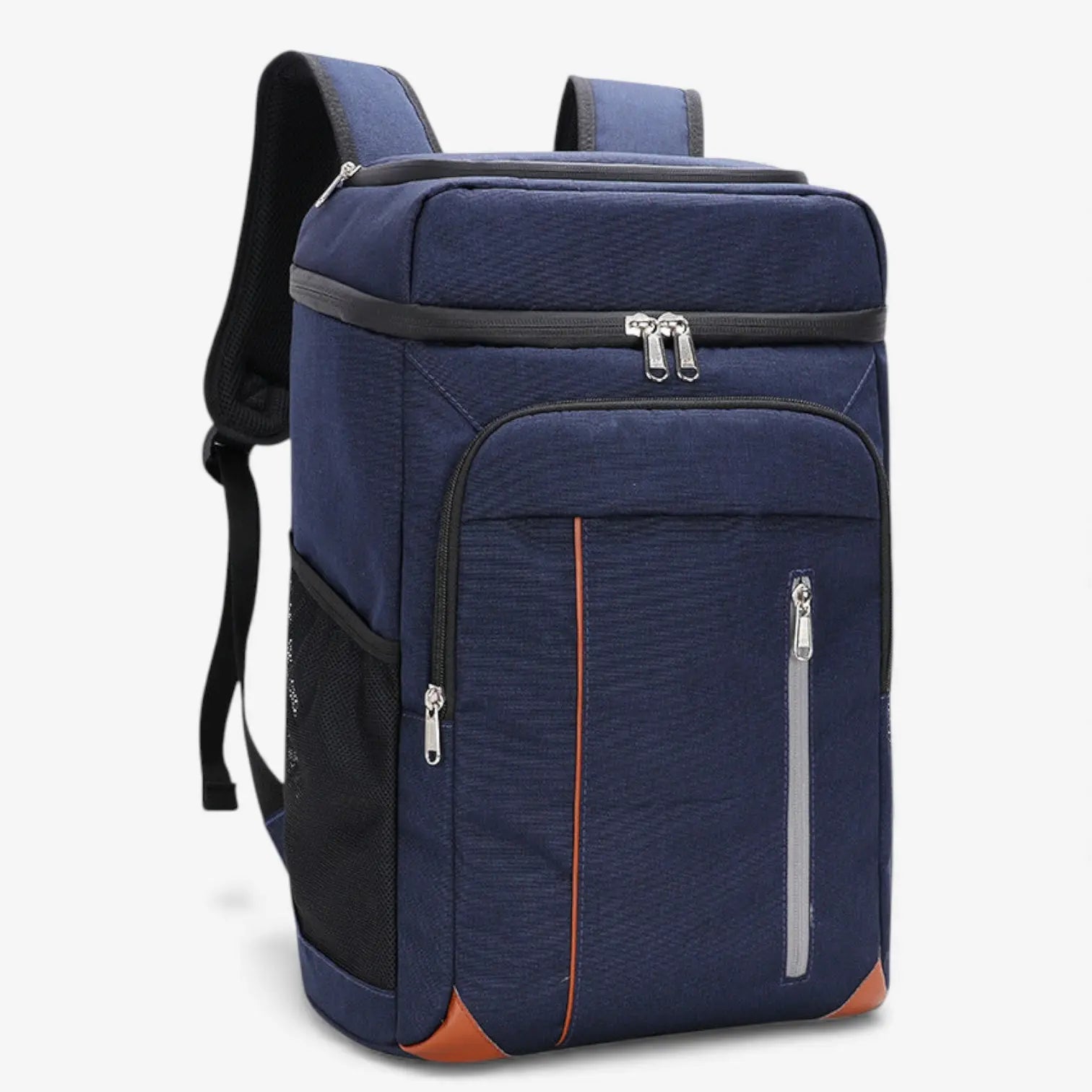 Vue latérale du sac à dos isotherme bleu foncé 22L avec poches et coutures renforcées