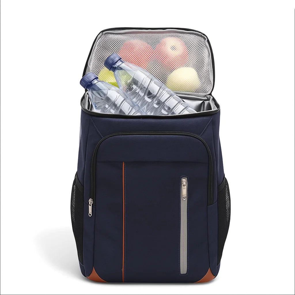 Sac à dos isotherme bleu foncé 22L ouvert avec rangement pour boissons et fruits