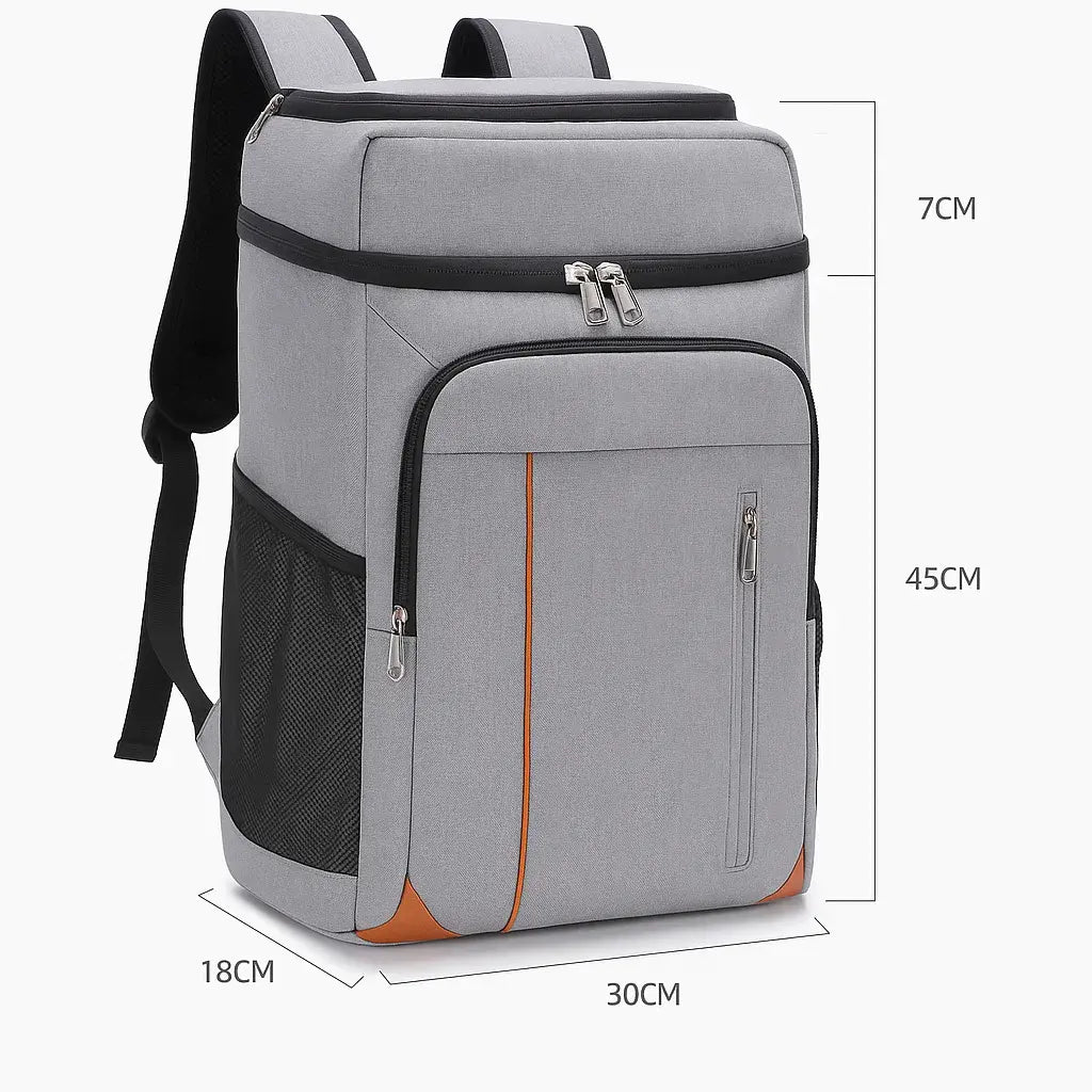 Dimensions du sac à dos isotherme gris 22L avec poches latérales et compartiment avant