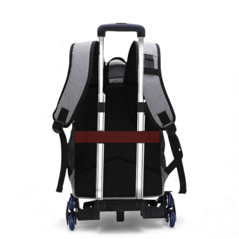 Vue arrière du sac à dos isotherme gris fixé sur une valise trolley pour le voyage