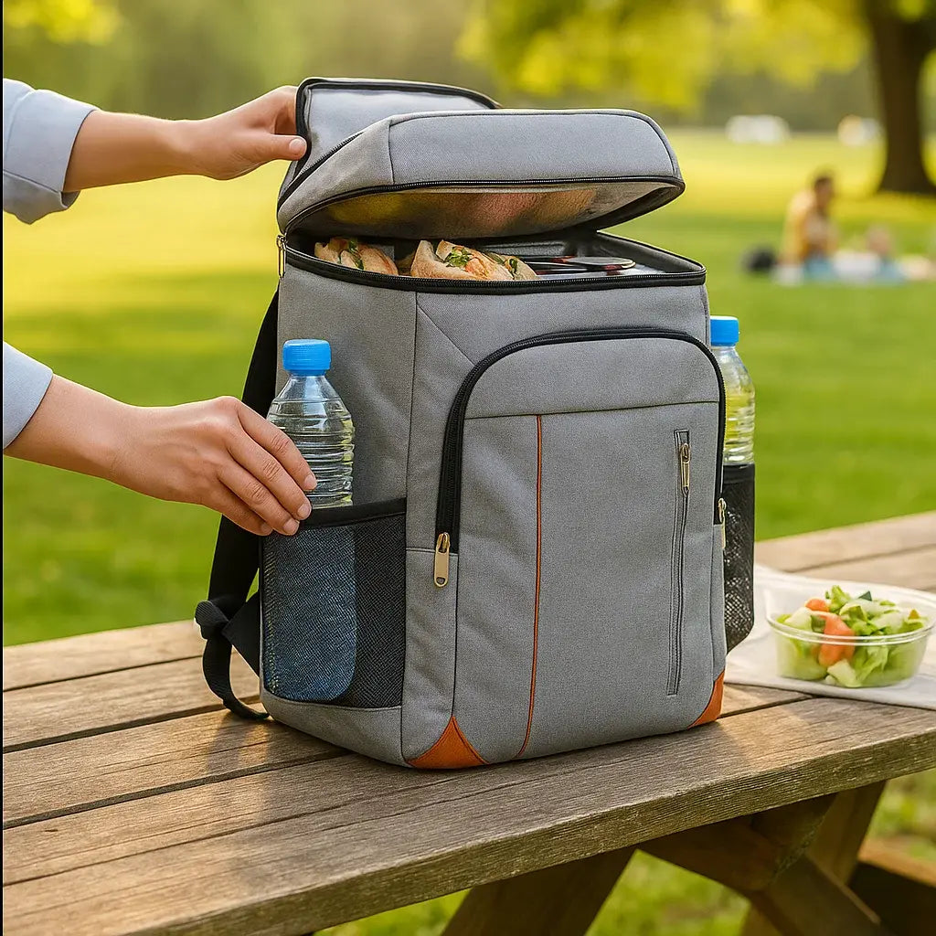 Sac à dos isotherme gris 22L ouvert sur le dessus avec bouteilles et repas