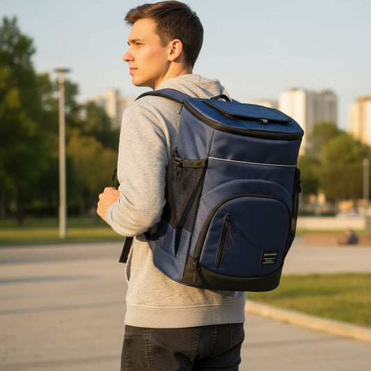 Homme portant un sac à dos isotherme bleu 30L lors d’une balade en plein air.