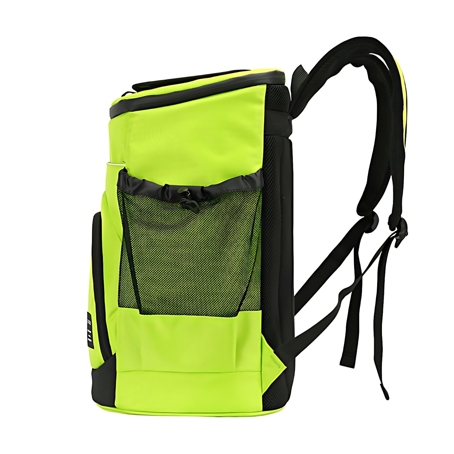 Sac à dos isotherme 30L vert fluo vu de côté avec poches latérales filet