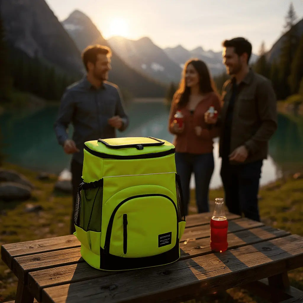 Sac à dos isotherme vert 30L posé sur une table de pique-nique en montagne.