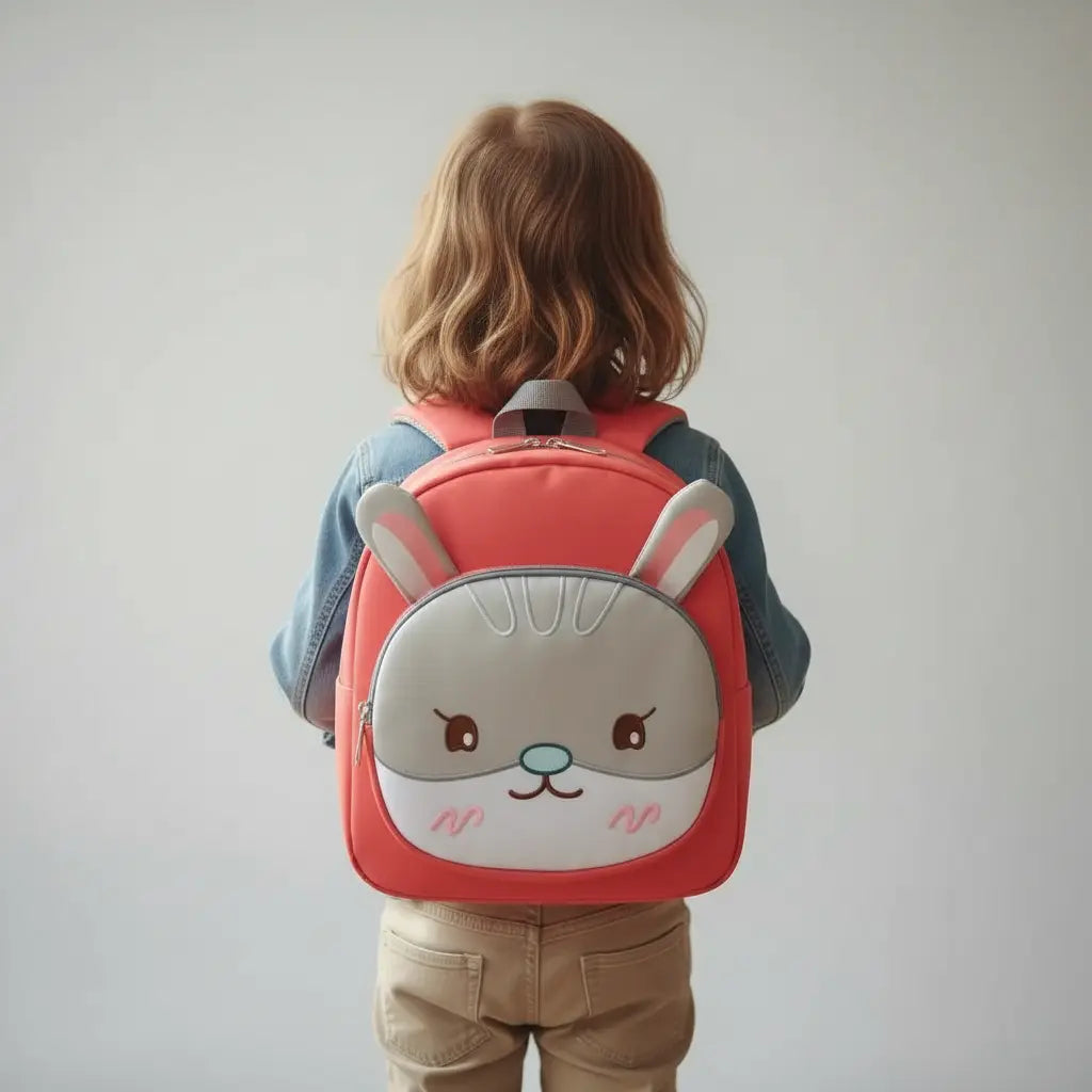 Enfant portant un sac à dos lapin rose pour maternelle en photo studio