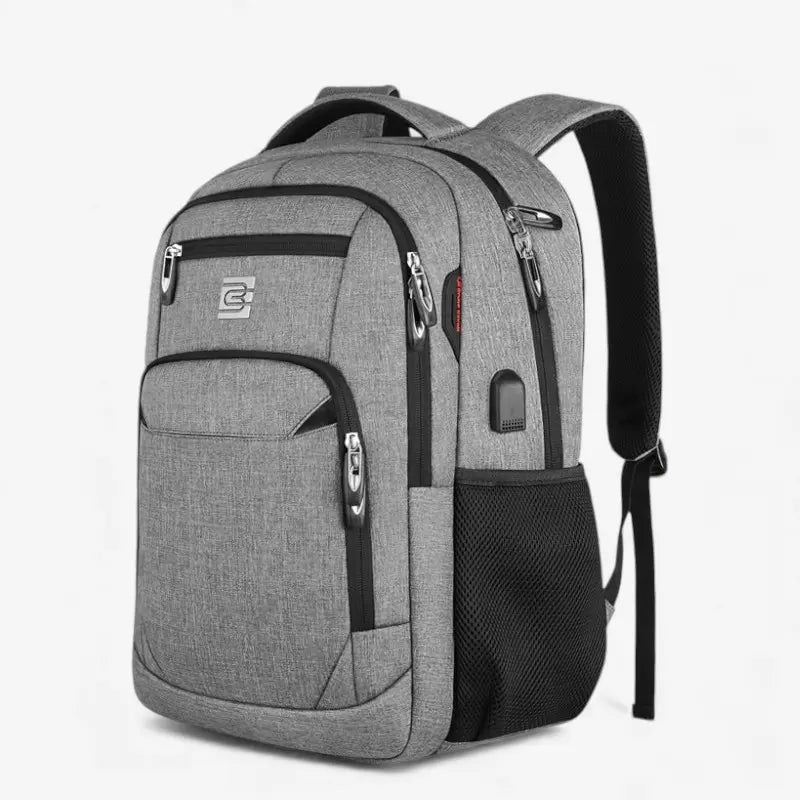 Sac à dos gris clair pour lycée avec port USB et compartiment ordinateur