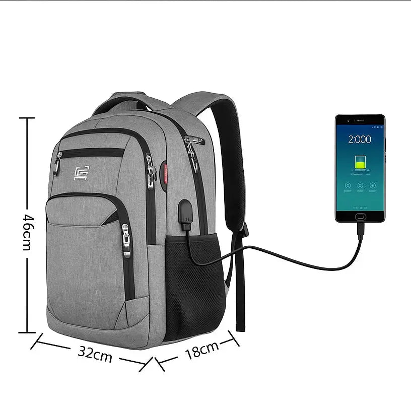 Sac à dos gris pour lycée avec dimensions 46×30×18 cm et port USB intégré