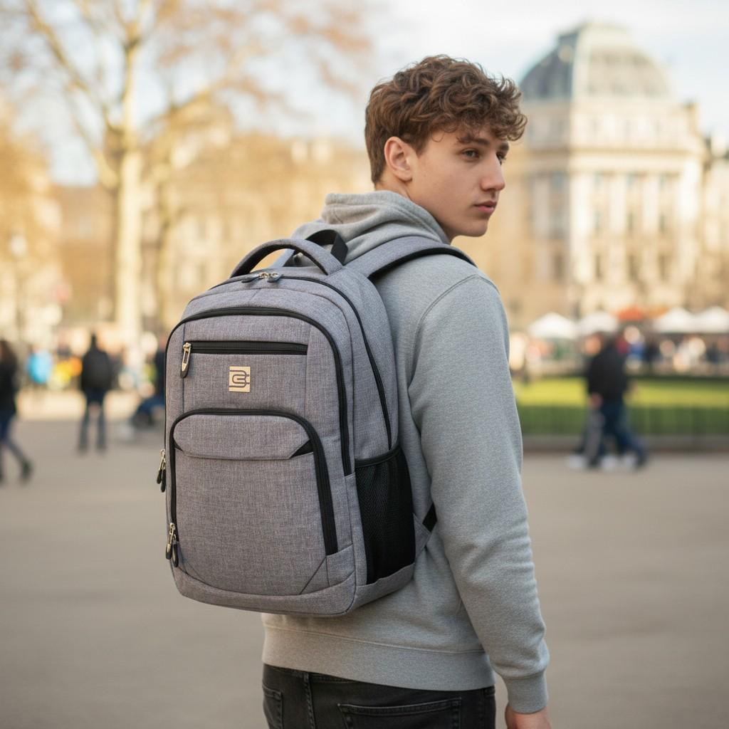 Sac à dos gris pour lycée avec port USB et bretelles confortables vu de côté