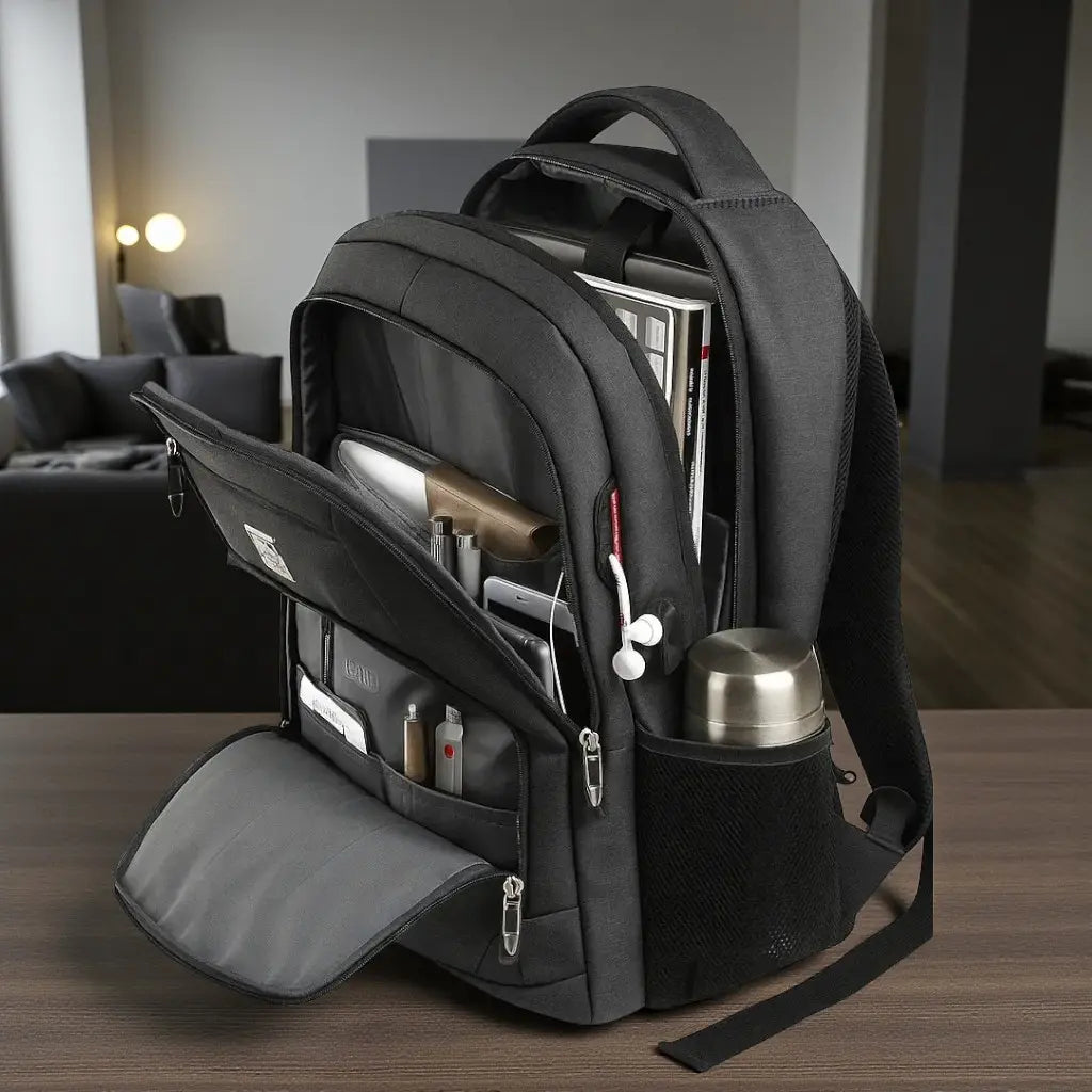 Vue intérieure du sac à dos lycée montrant les rangements et l’espace ordinateur