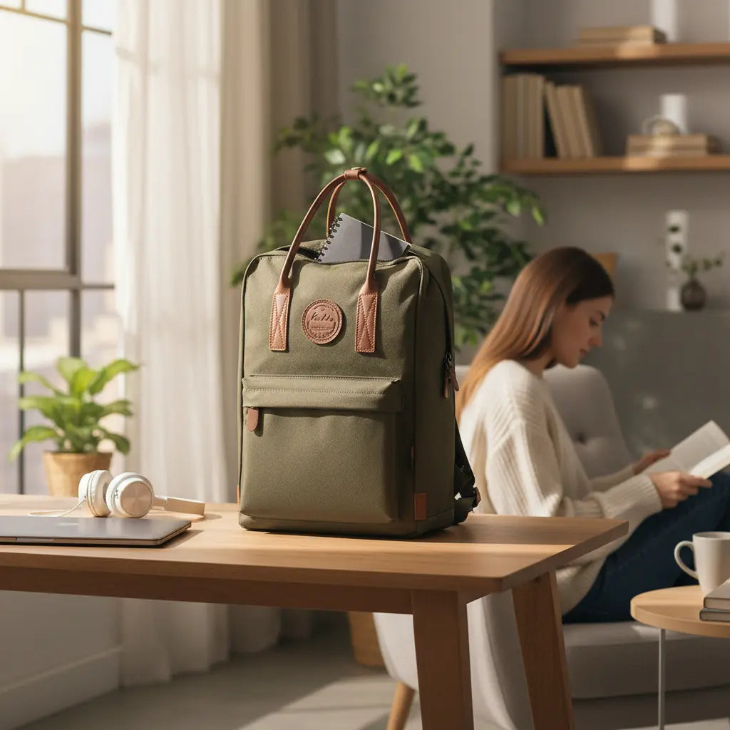 Sac à dos lycée kaki en polyester avec poignée supérieure et poche zippée