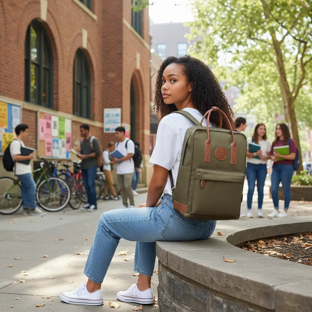 Sac à dos lycée kaki avec compartiment ordinateur portable porté en extérieur