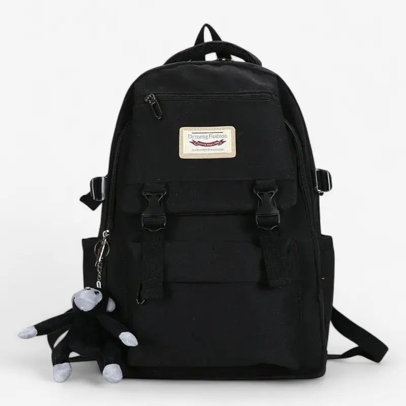 Sac à dos scolaire unisexe noir avec grande capacité et porte-clés peluche