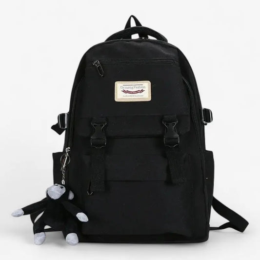 Sac à dos scolaire unisexe noir avec grande capacité et porte-clés peluche