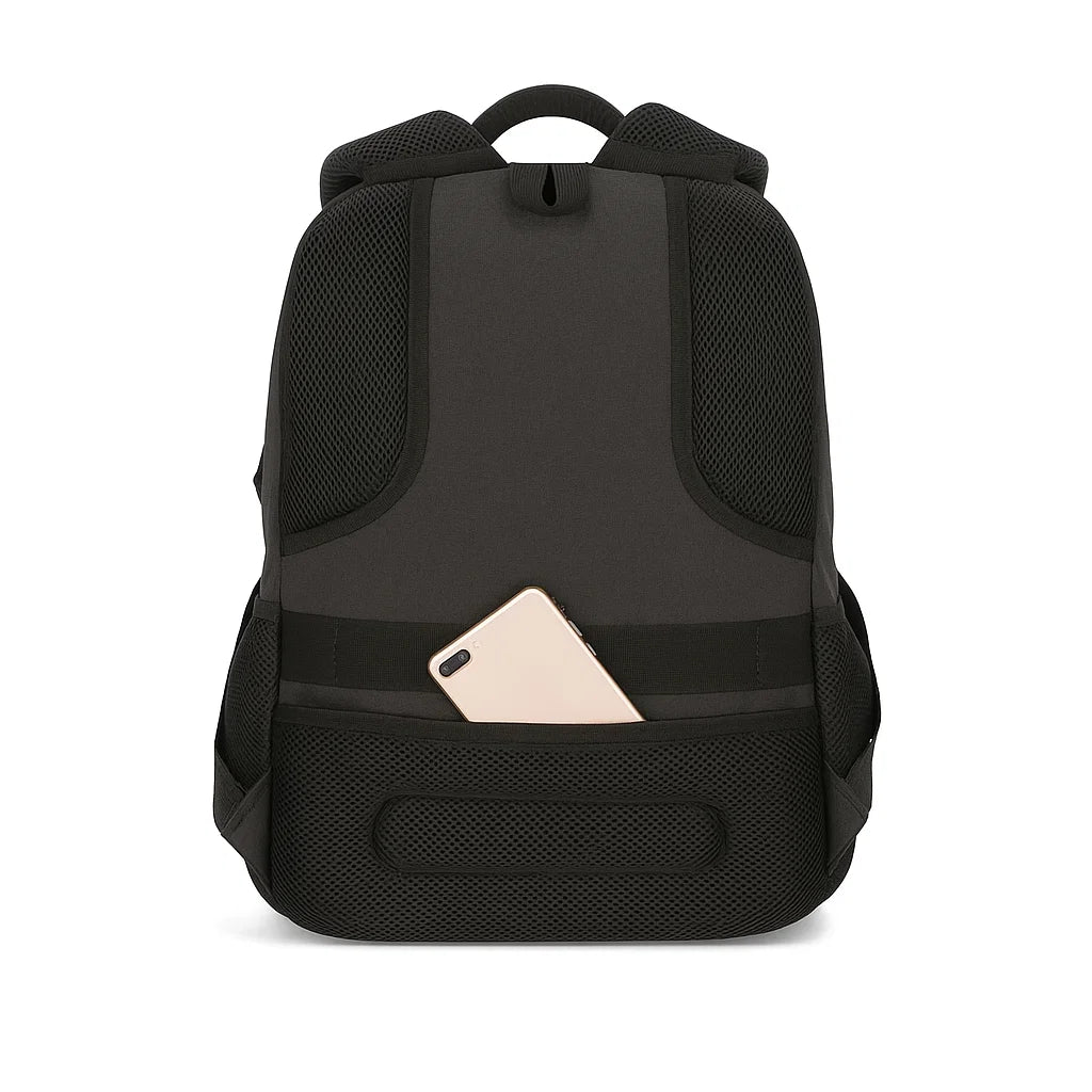 Vue arrière du sac à dos noir pour lycée avec poche de sécurité intégrée