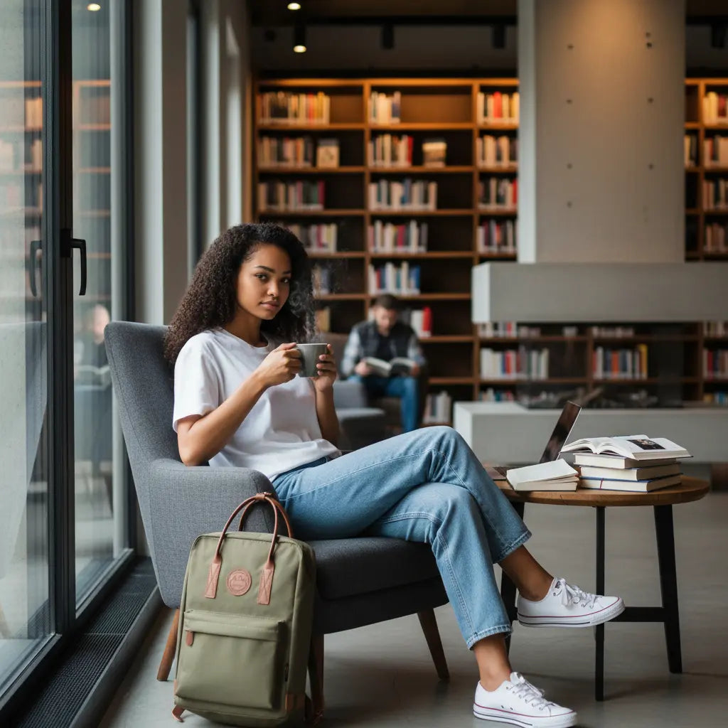 Sac à dos lycée kaki avec compartiment ordinateur portable utilisé en intérieur