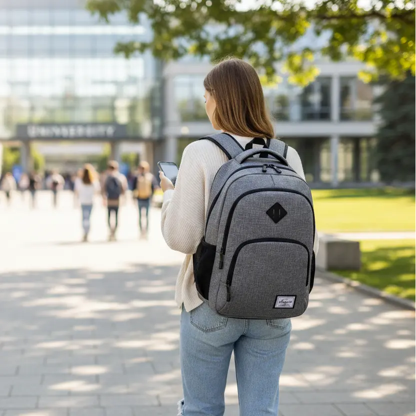 Sac à dos lycée noir pour ordinateur portable porté au dos par une étudiante