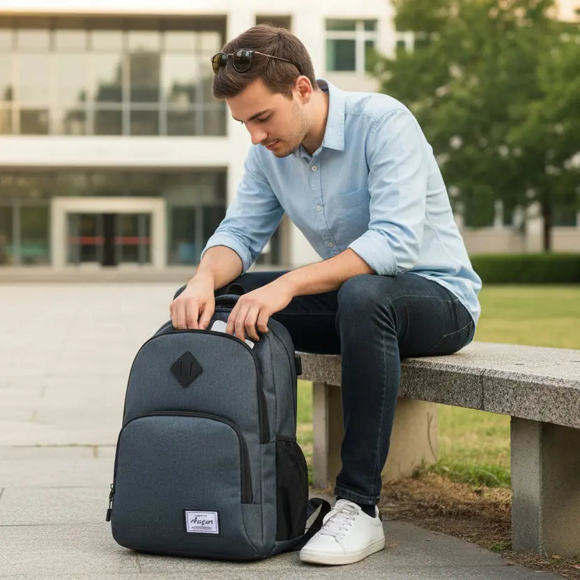 Sac à dos lycée noir pour ordinateur portable posé à côté d’un étudiant assis