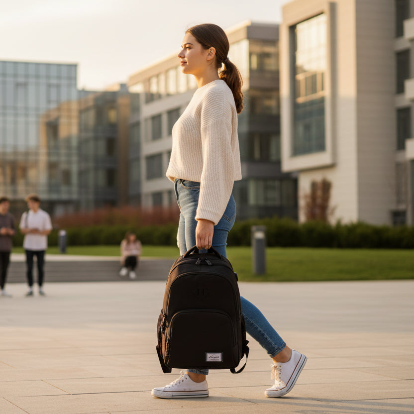 Sac à dos lycée noir pour ordinateur portable porté par une étudiante en marche