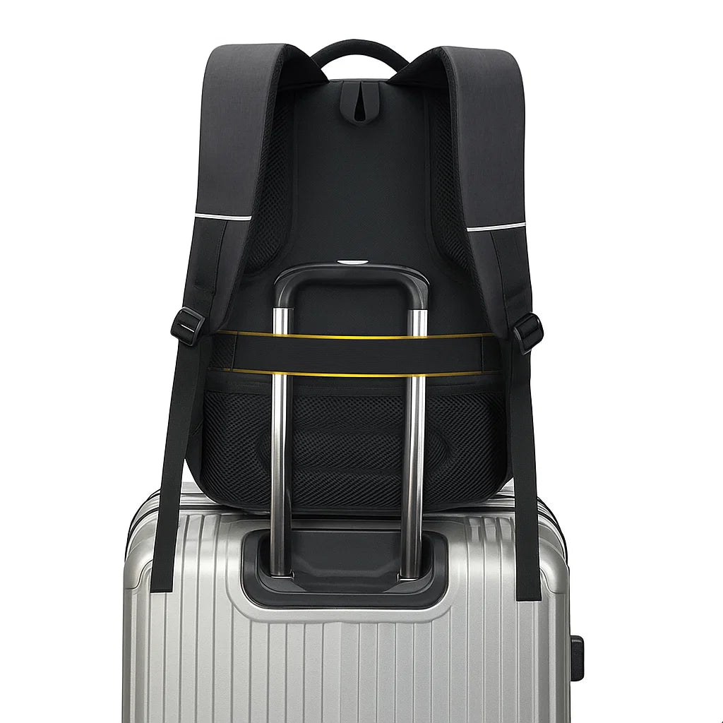 Vue arrière du sac à dos lycée montrant la sangle pour valise et le dos rembourré