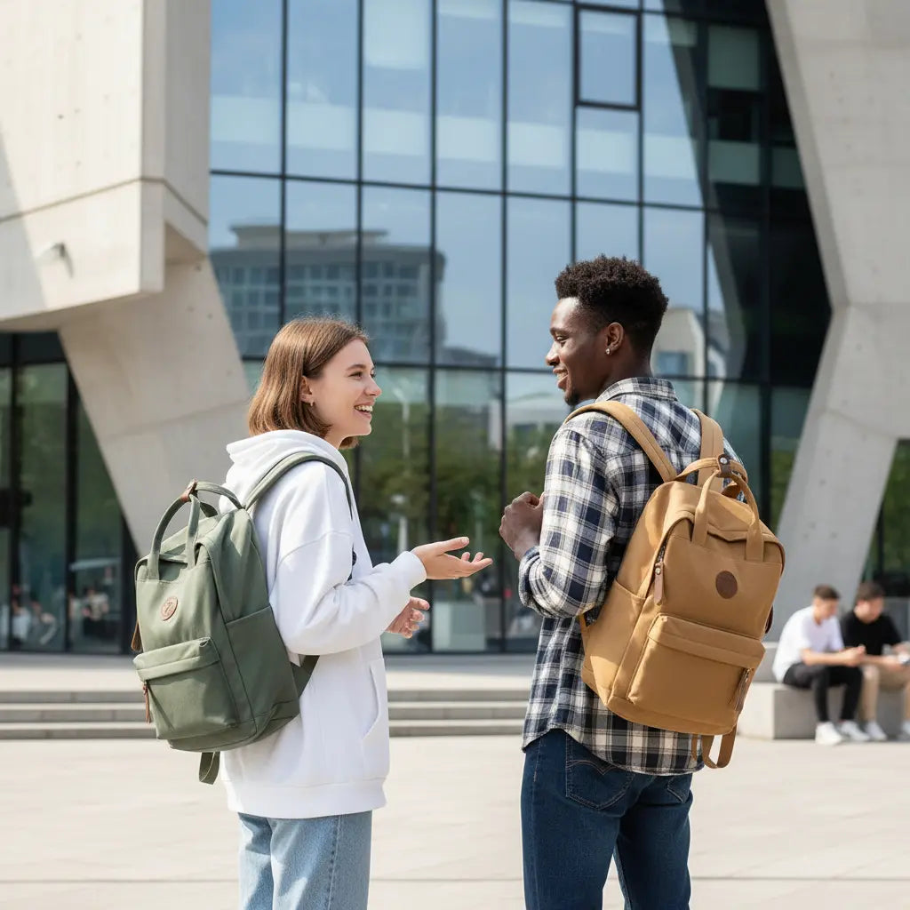 sacs à dos lycée en toile résistante portés par deux étudiants sur campus