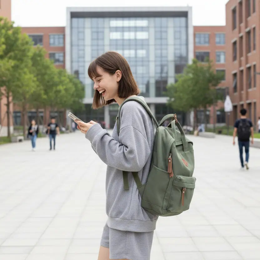 sac à dos lycée unisexe en toile résistante kaki porté par une étudiante
