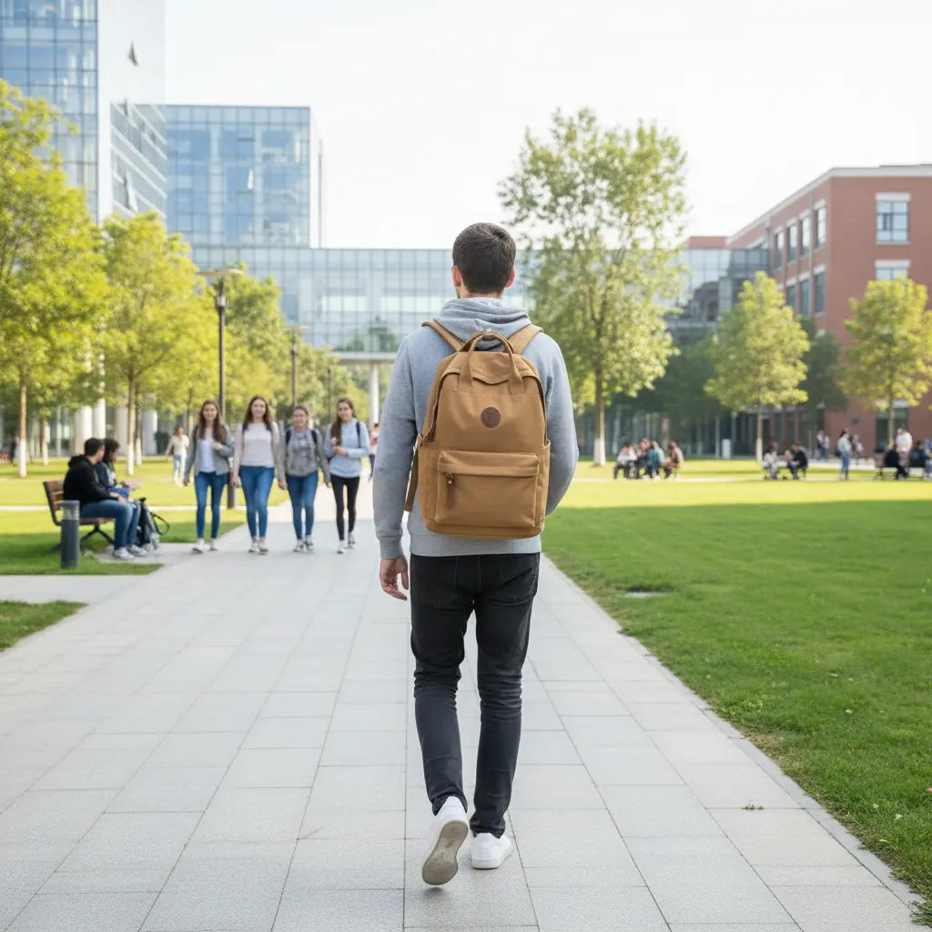 sac à dos lycée unisexe en toile résistante marron porté par un étudiant sur campus