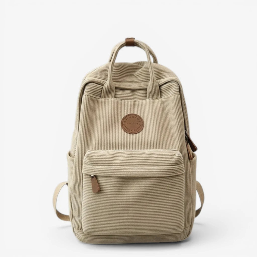 Sac à dos lycée en velours côtelé beige avec poche frontale zippée