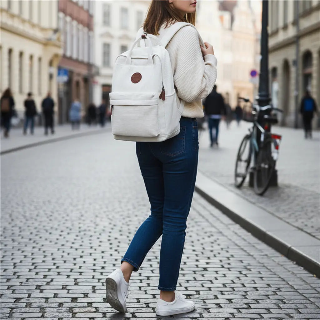 Sac à dos lycée en velours côtelé blanc porté dans une rue pavée