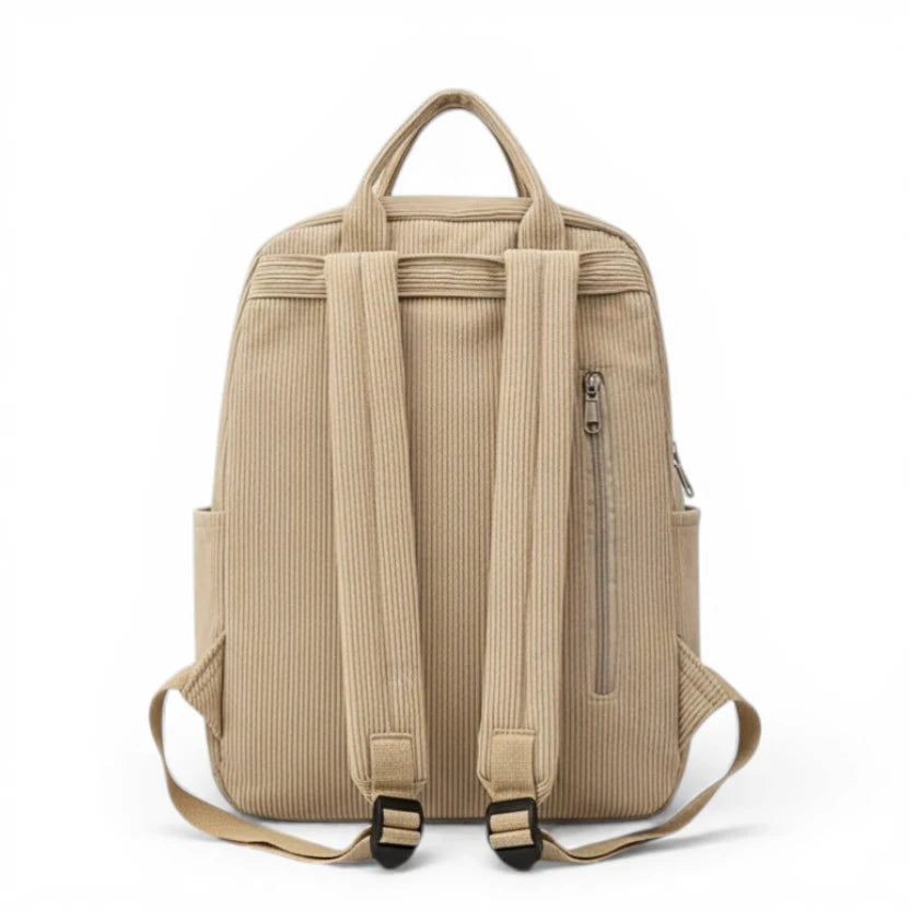 Vue arrière du sac à dos lycée en velours côtelé avec bretelles réglables