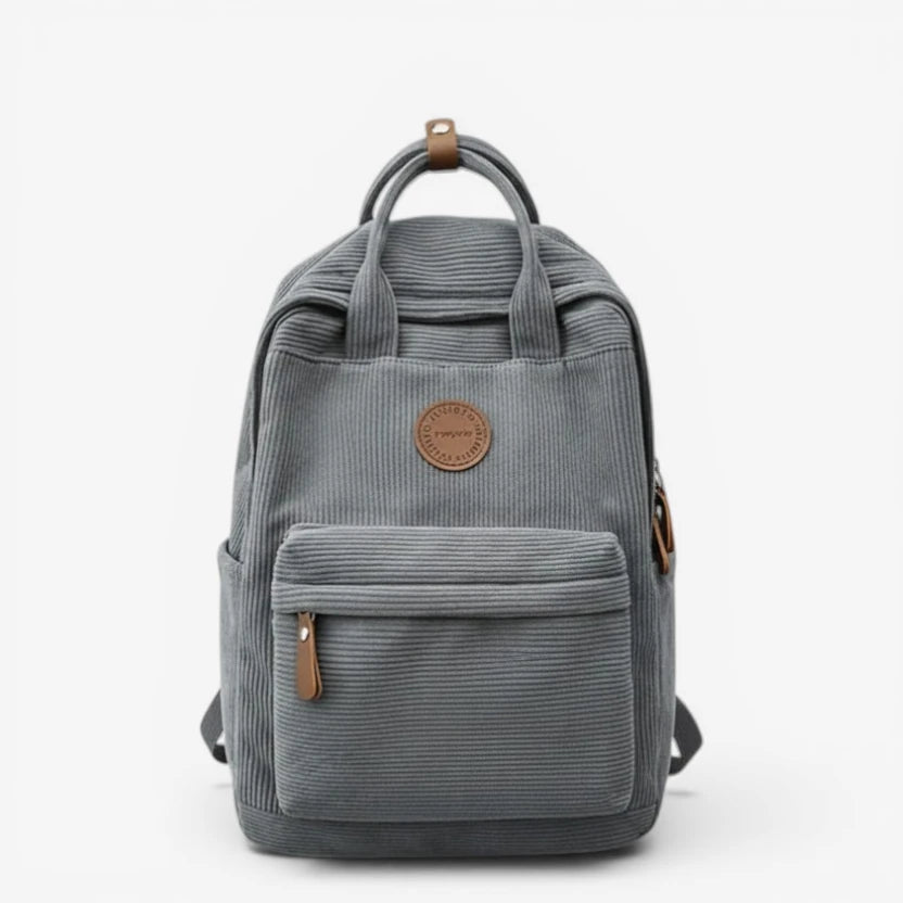 Sac à dos lycée en velours côtelé gris avec poche avant zippée et compartiment principal