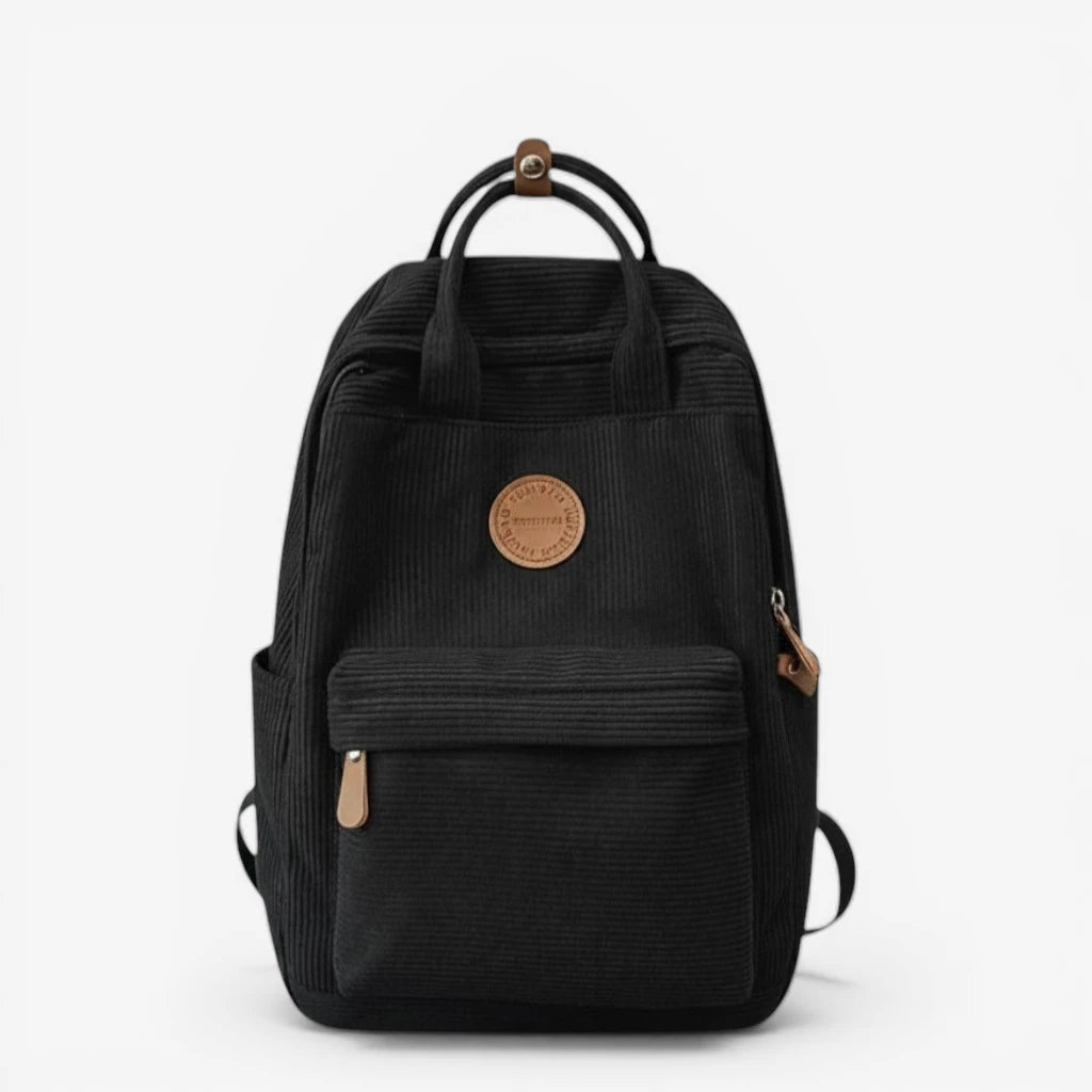 Sac à dos lycée en velours côtelé noir avec compartiment principal zippé