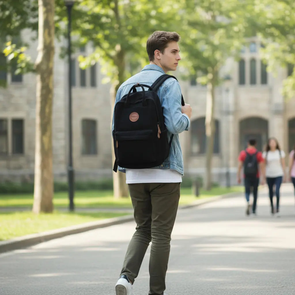 Sac à dos lycée en velours côtelé noir porté en milieu urbain