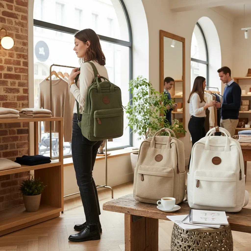 Sac à dos lycée en velours côtelé utilisé pour un usage scolaire quotidien