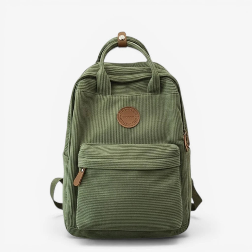 Sac à dos lycée en velours côtelé vert unisexe avec poche avant zippée et compartiment principal