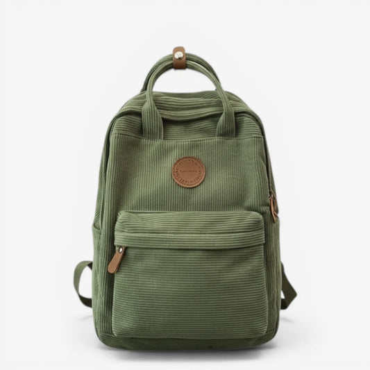 Sac à dos lycée en velours côtelé vert unisexe avec poche avant zippée et compartiment principal