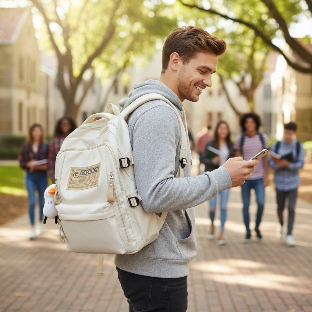 Sac à dos lycéen blanc cassé porté par un étudiant