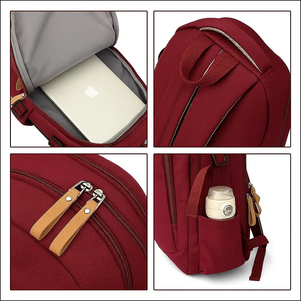 Détails des poches et de l’intérieur du sac à dos lycéen bordeaux 
