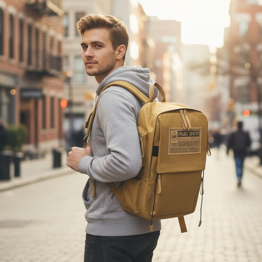 Étudiant portant un sac à dos lycéen camel multipoche en ville